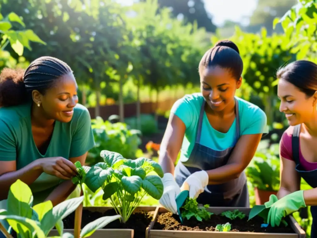 Un grupo diverso de mujeres trabaja juntas en un huerto comunitario, cuidando las plantas con amor y atención