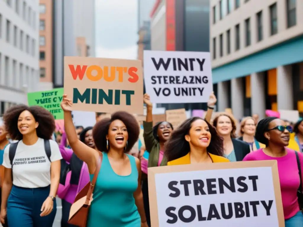 Un grupo diverso de mujeres marcha juntas en la calle de la ciudad, sosteniendo pancartas feministas