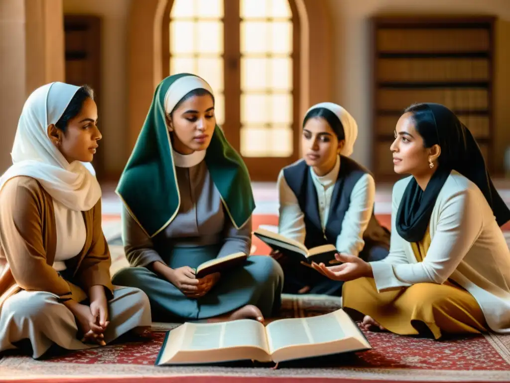 Grupo diverso de mujeres musulmanas debaten filosofía en escenario tradicional, resaltando la importancia mujeres filosofía islámica