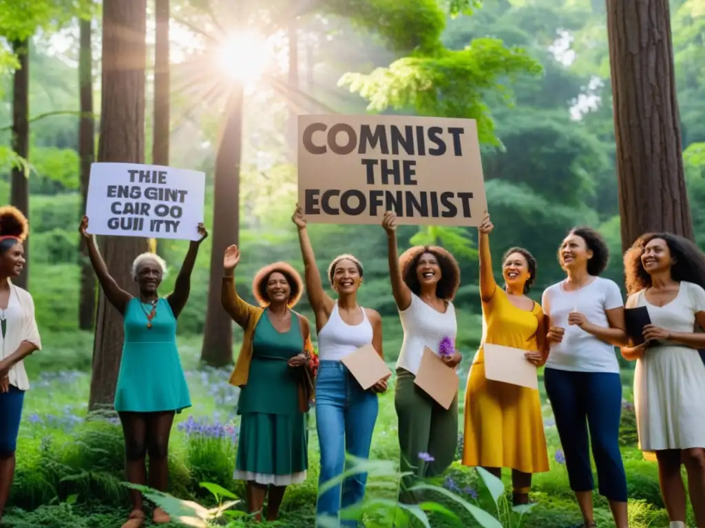 Un grupo diverso de mujeres en la naturaleza, unidas en una protesta ecofeminista