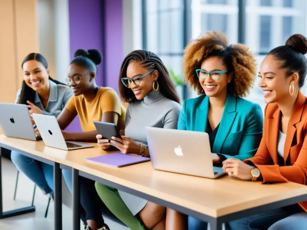 Grupo diverso de mujeres en oficina moderna usando dispositivos digitales, promoviendo el feminismo digital y la igualdad en tecnología