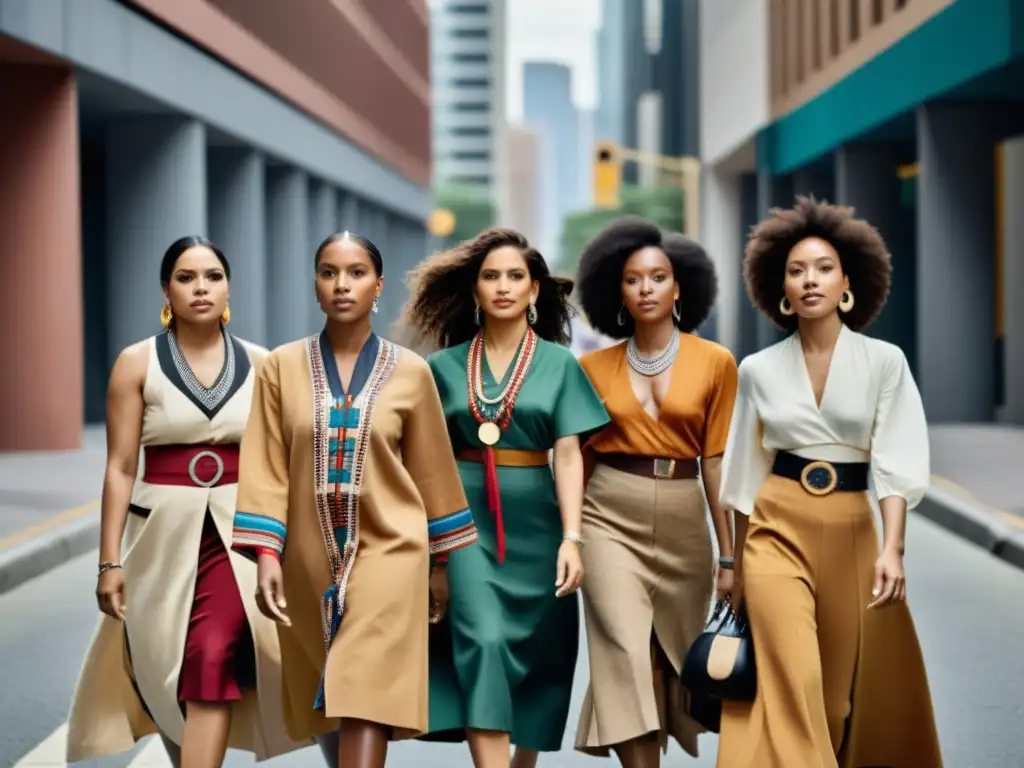 Un grupo diverso de mujeres camina con orgullo en atuendos tradicionales y modernos en la ciudad, reflejando el feminismo decolonial en la moda