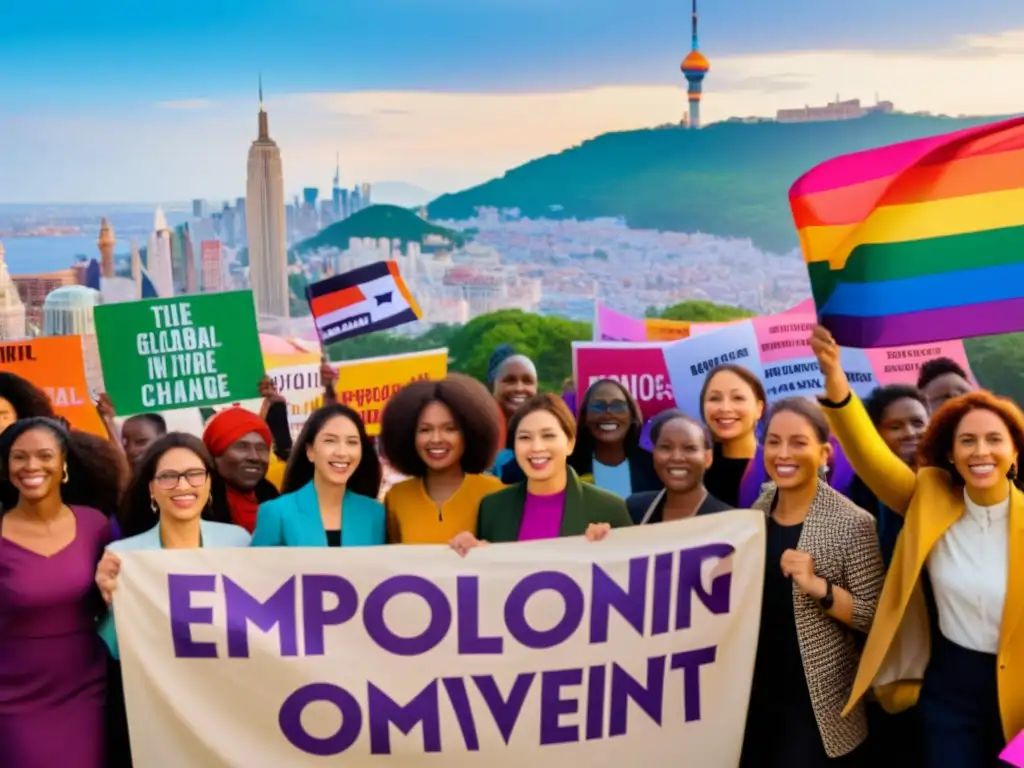 Grupo diverso de mujeres sosteniendo pancartas con mensajes empoderadores en una ciudad vibrante