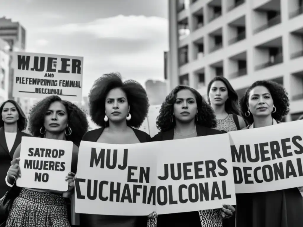 Un grupo diverso de mujeres sostiene pancartas con mensajes empoderadores en una ciudad