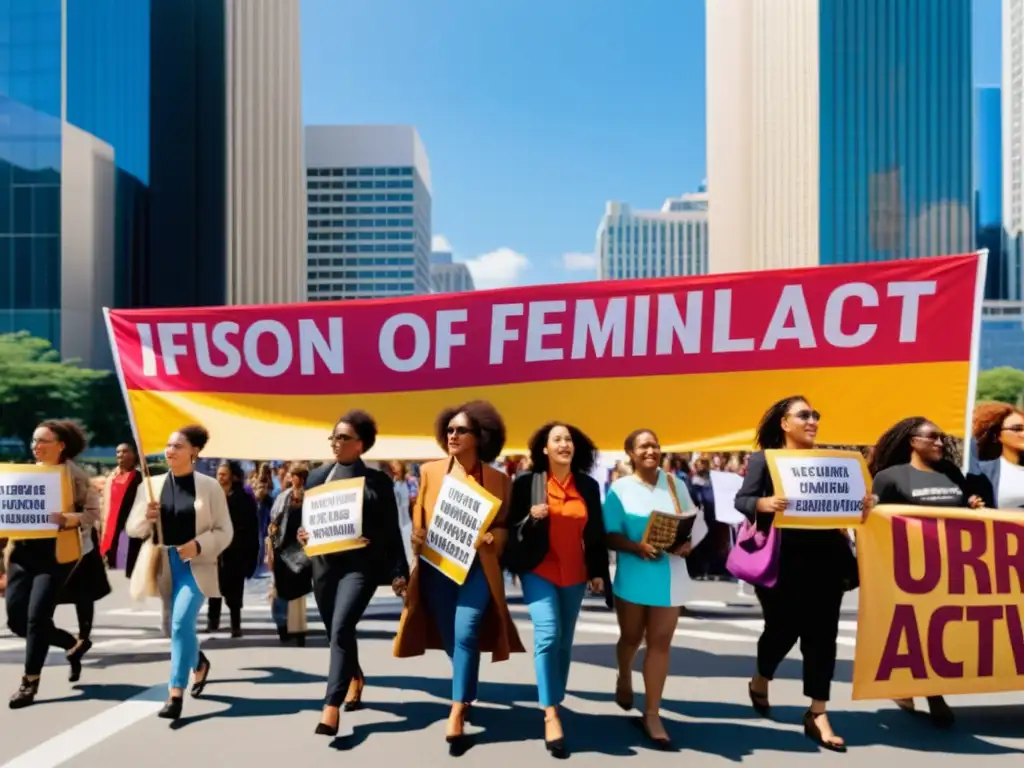 Mujeres Diversas Marchando por la Ciudad Grupo diverso de mujeres marchando con pancartas vibrantes en una ciudad moderna, representando el feminismo decolonial en mundo globalizado