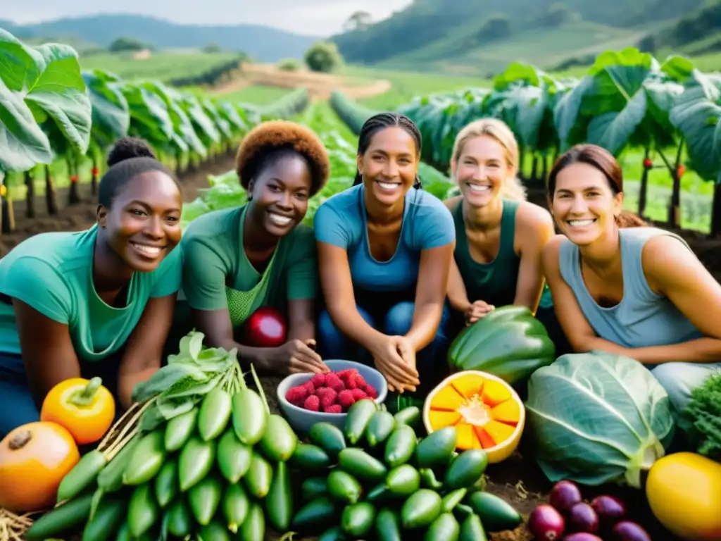 Un grupo diverso de mujeres y personas no binarias practicando agricultura ecofeminista en una granja biodiversa, en armonía con la naturaleza