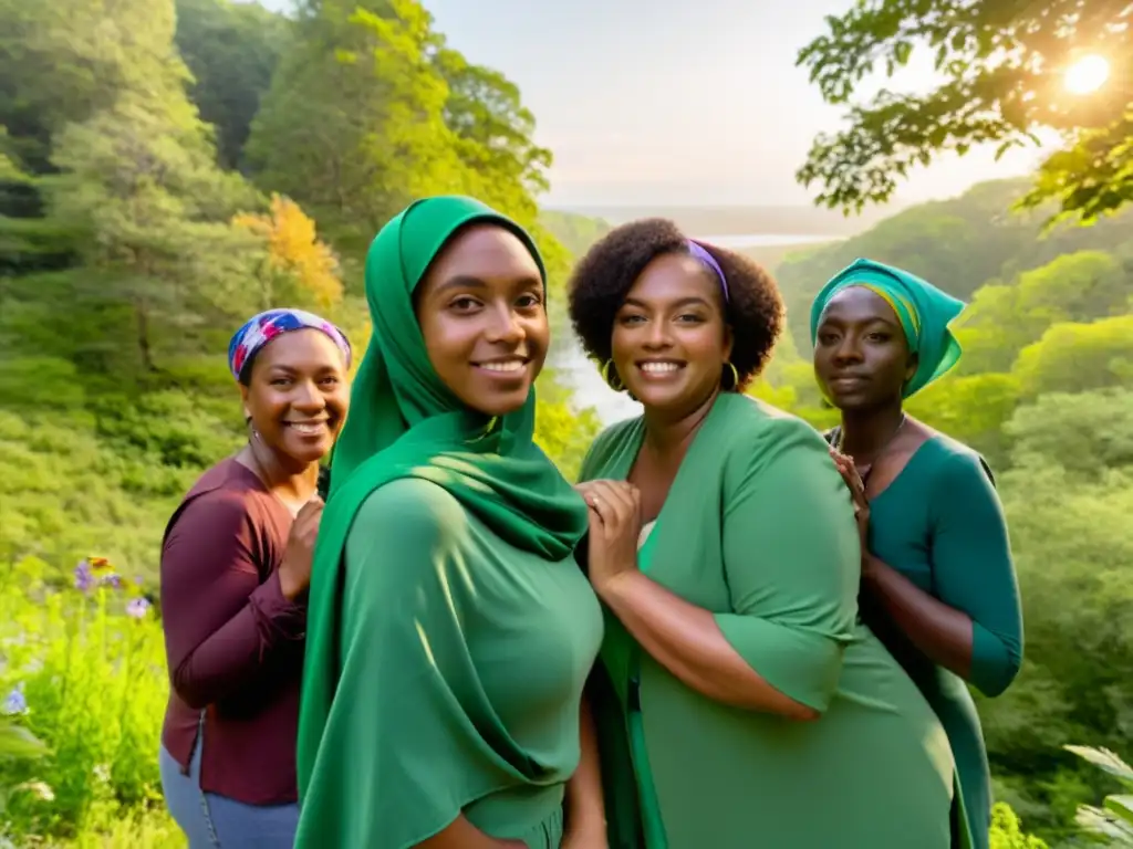 Grupo diverso de mujeres y personas no binarias unidas en círculo, con pañuelos verdes, en un bosque exuberante