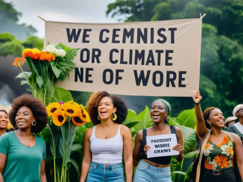 Grupo diverso de mujeres protestando por la perspectiva de género cambio climático, rodeadas de naturaleza exuberante y flores vibrantes