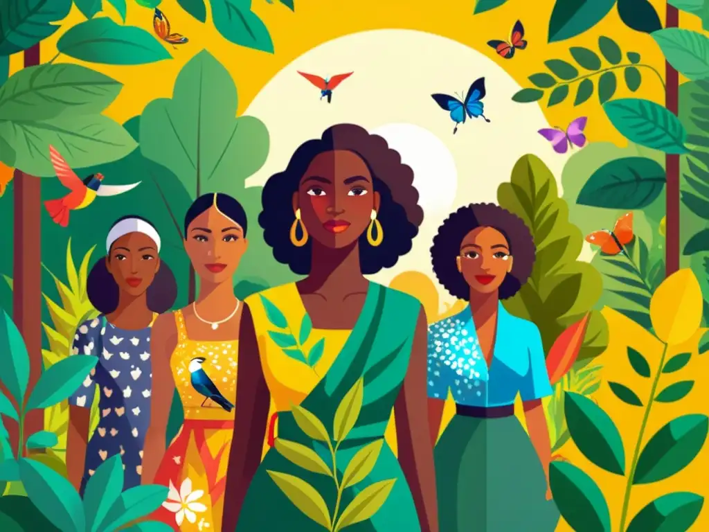 Un grupo diverso de mujeres poderosas en un exuberante bosque, reflejando la conexión entre la mujer y la naturaleza
