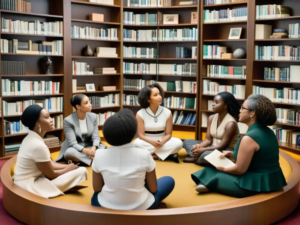 Grupo diverso de mujeres en profunda conversación, rodeadas de libros de diferentes culturas y épocas