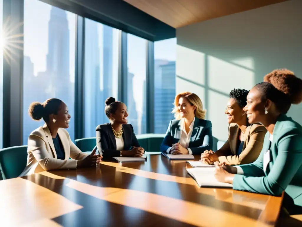 Grupo diverso de mujeres discuten propuestas economía enfoque género feminismo en una sala luminosa