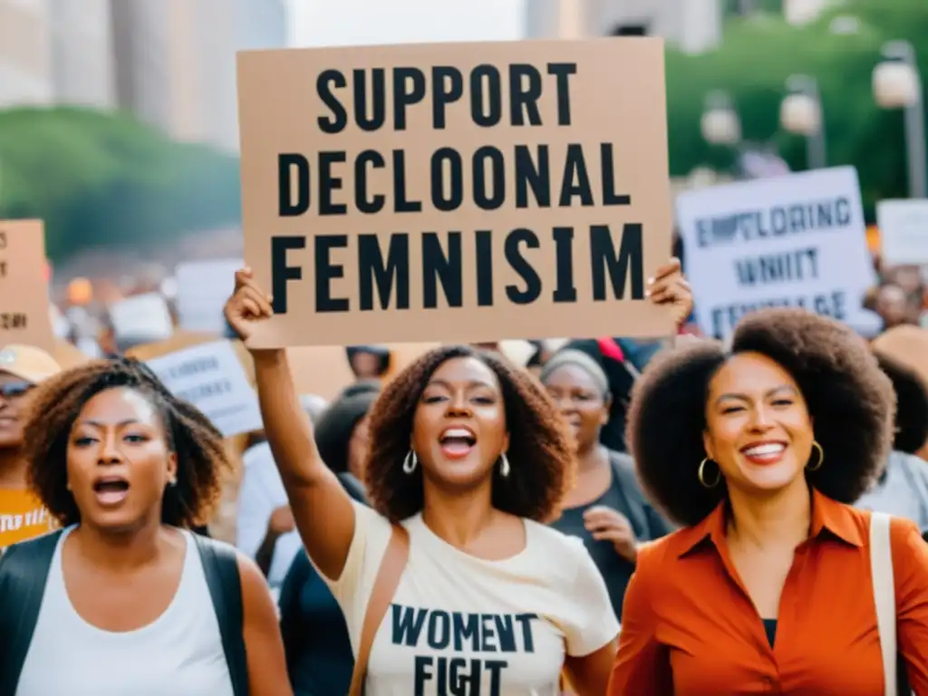 Un grupo diverso de mujeres marcha en protesta, sosteniendo pancartas con mensajes empoderadores en apoyo al feminismo decolonial