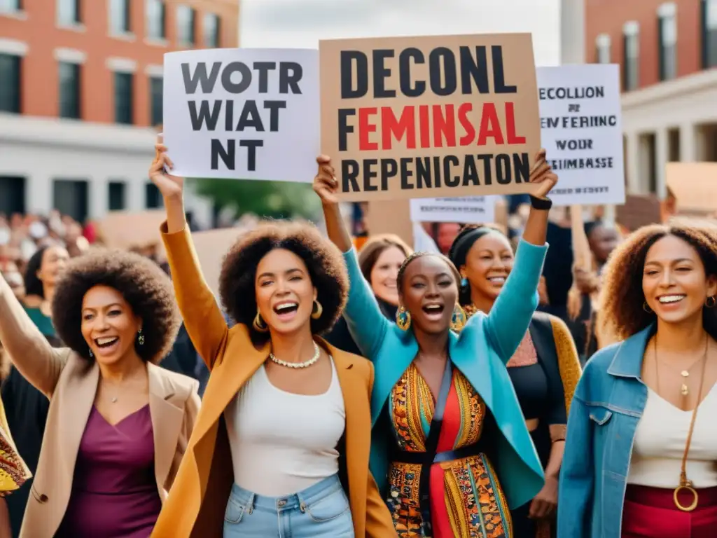 Grupo diverso de mujeres en protesta con mensajes empoderadores, representando el feminismo decolonial en medios de comunicación y discursos