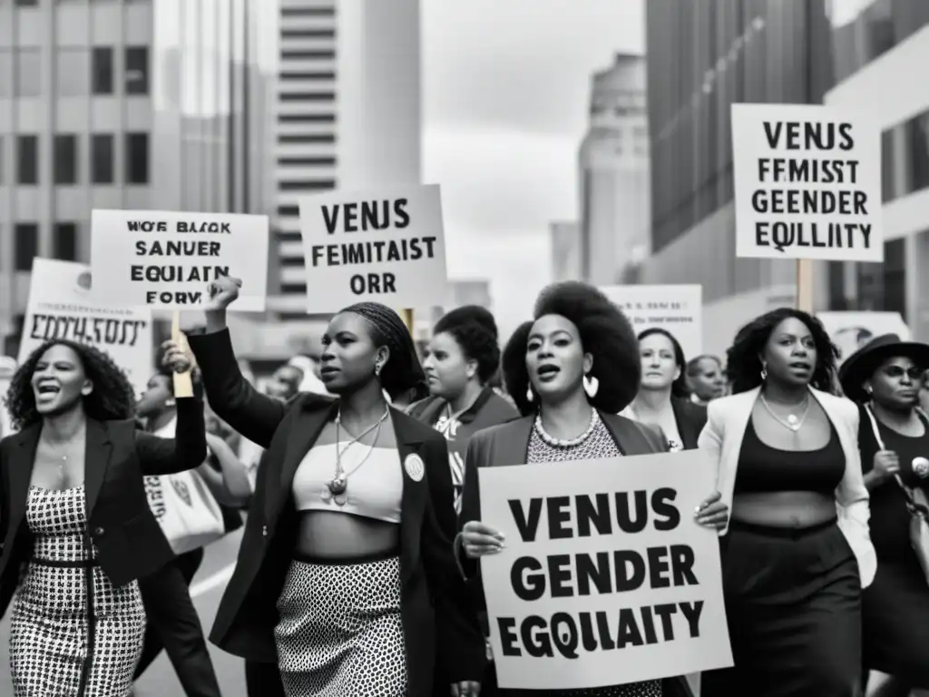 Grupo diverso de mujeres marchando en protesta con letreros y símbolos feministas, representando la política del cuerpo en feminismo