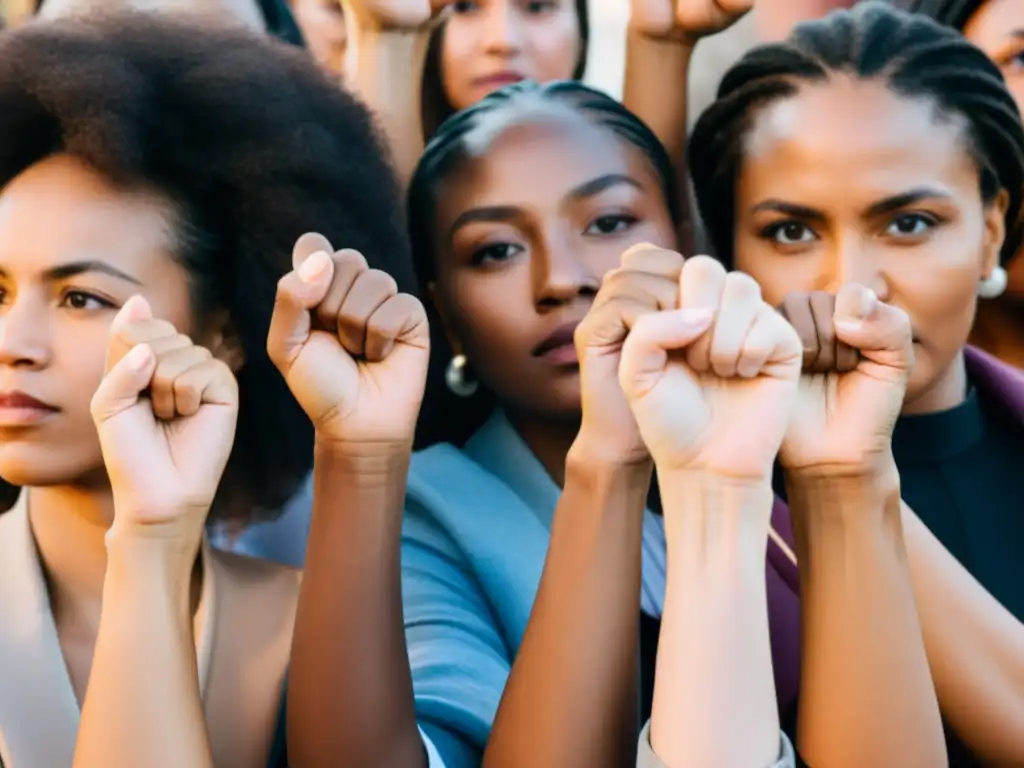 Un grupo diverso de mujeres levanta el puño en un gesto poderoso y desafiante, simbolizando el feminismo decolonial y la autonomía corporal
