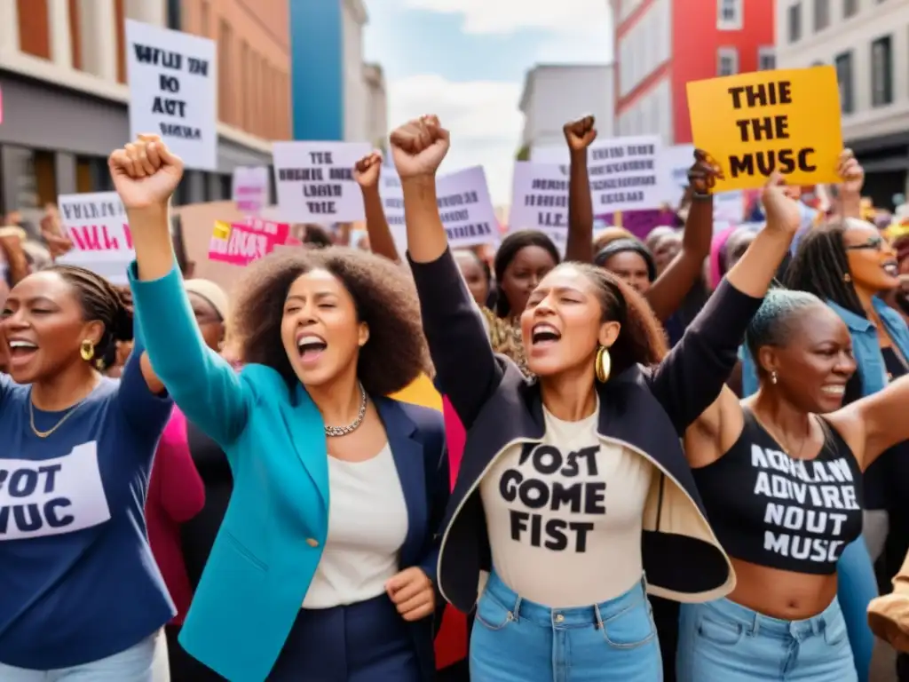 Grupo diverso de mujeres levantan puños en protesta rodeadas de letreros feministas y música, representando canciones feministas que dieron voz
