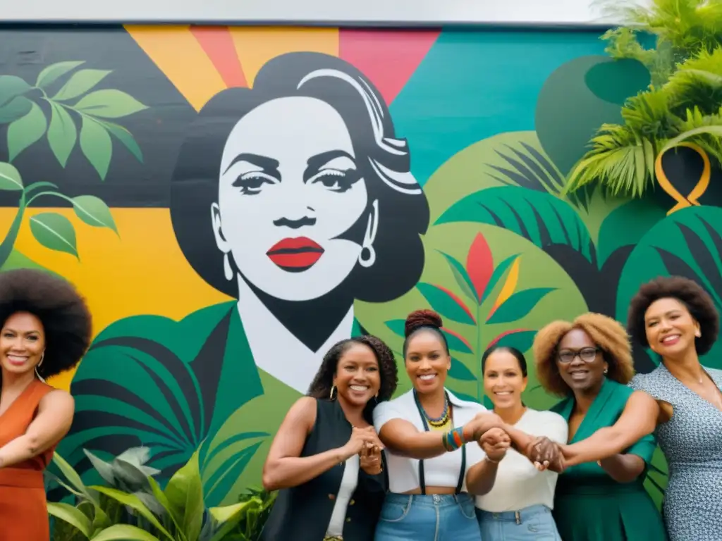 Grupo diverso de mujeres unidas en solidaridad frente a un mural vibrante que representa la lucha del feminismo decolonial