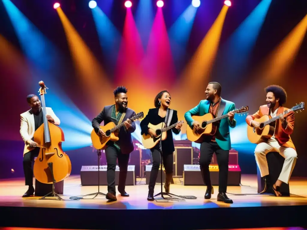 Grupo diverso de músicos tocando juntos en un escenario abstracto, creando una energía dinámica