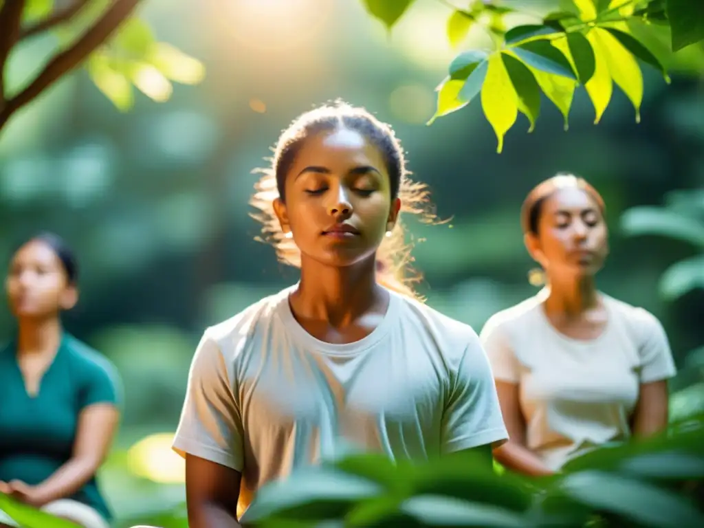 Grupo diverso meditando en armonía en la naturaleza, reflejando la unión de filosofías del mundo sobre meditación