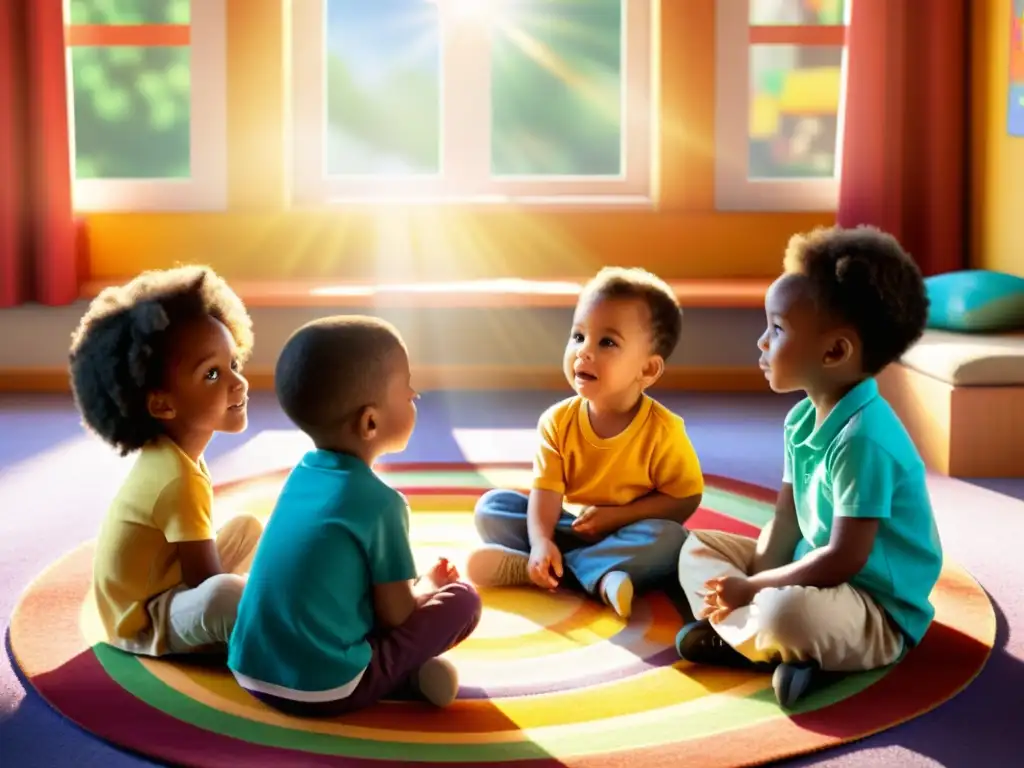 Un grupo diverso de niños participa en una animada discusión ética, beneficiándose de la introducción temprana de la ética en la educación