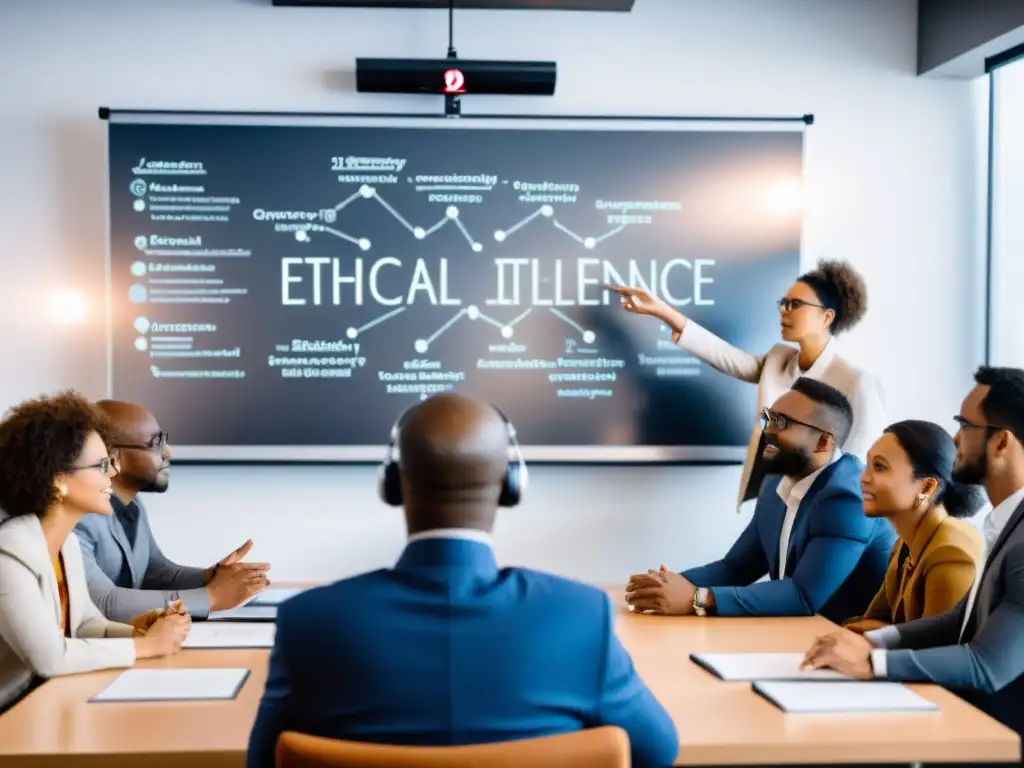Un grupo diverso discute apasionadamente las normas éticas para la inteligencia artificial en una sala de conferencias iluminada de forma natural