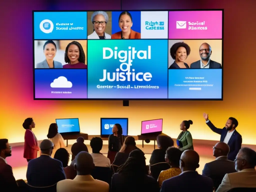 Un grupo diverso se reúne alrededor de una pantalla con iconos de derechos digitales y justicia social, irradiando colaboración y progreso