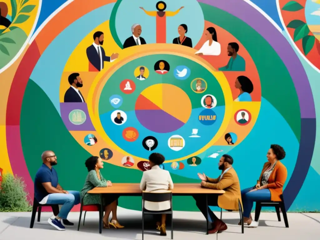Un grupo diverso de personas participa en una animada discusión frente a un mural que representa símbolos de poder y comunicación