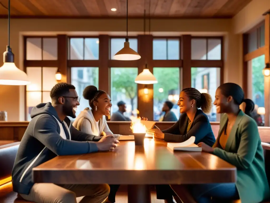 Un grupo diverso de personas disfrutando de una animada conversación en un acogedor café iluminado
