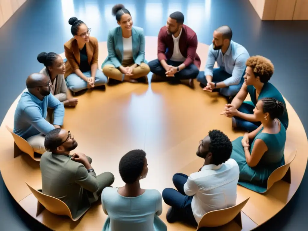 Un grupo diverso de personas participa en un animado debate en un entorno íntimo y acogedor