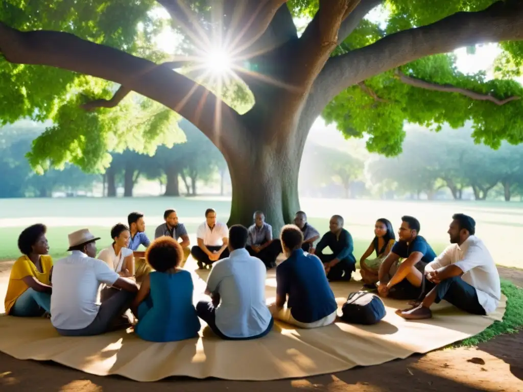 Un grupo diverso de personas se reúne bajo un árbol, compartiendo ideas y diálogos para la perspectivas justicia ambiental postcolonialismo