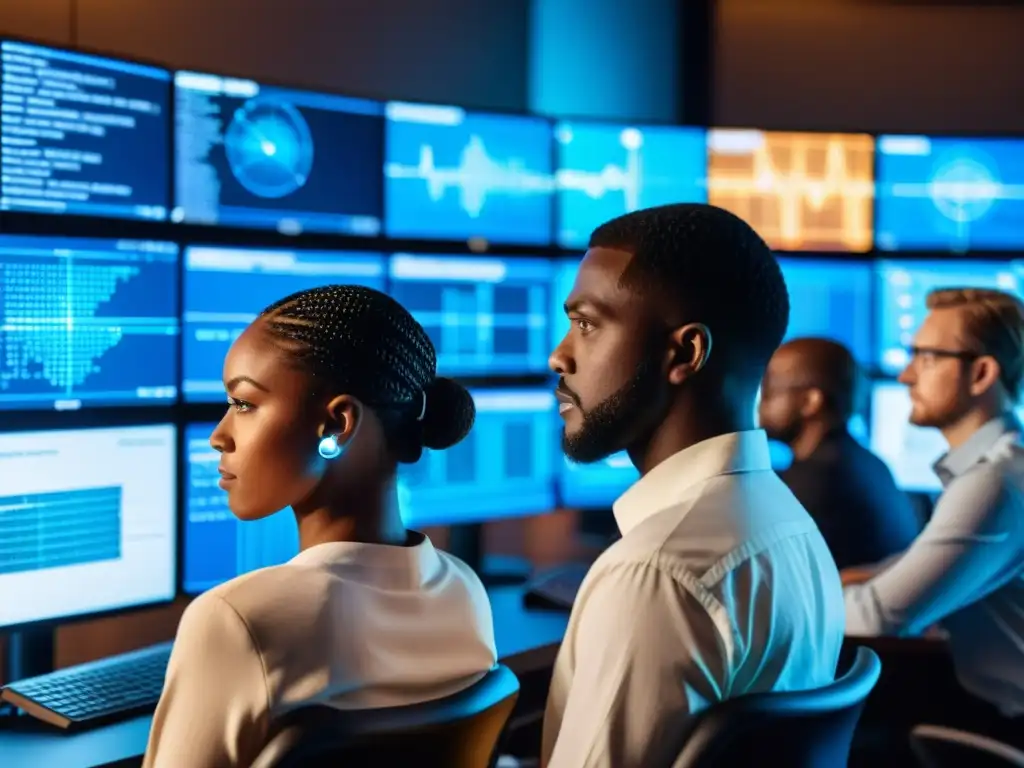 Un grupo diverso de personas concentra su atención en pantallas de computadora, con códigos y visualizaciones de datos de blockchain