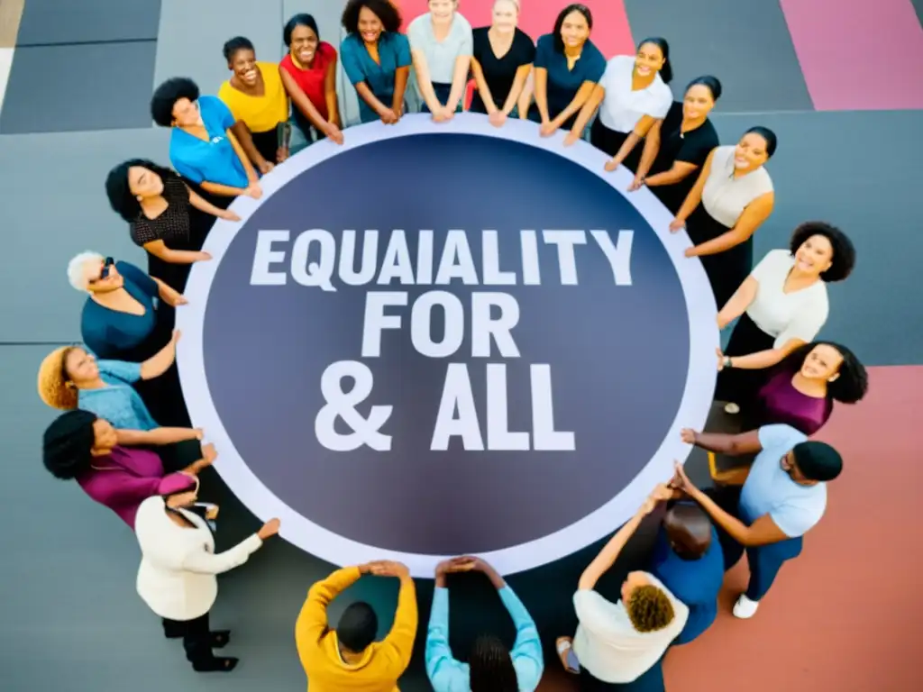 Un grupo diverso de personas se unen en un círculo, sosteniendo un letrero que dice 'Igualdad para Todos'