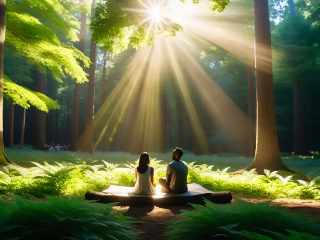 Un grupo diverso de personas medita en un claro del bosque, envueltos en una atmósfera de serenidad