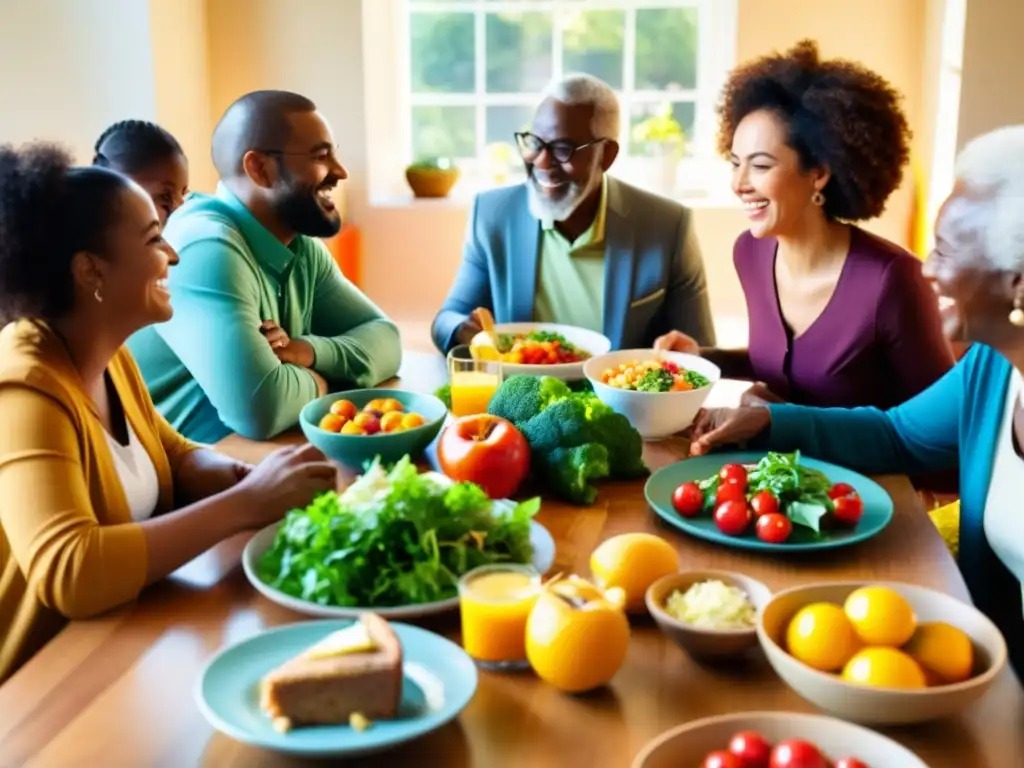 Un grupo diverso de personas disfruta de una comida y conversación en un ambiente cálido y acogedor, transmitiendo conexión y alegría