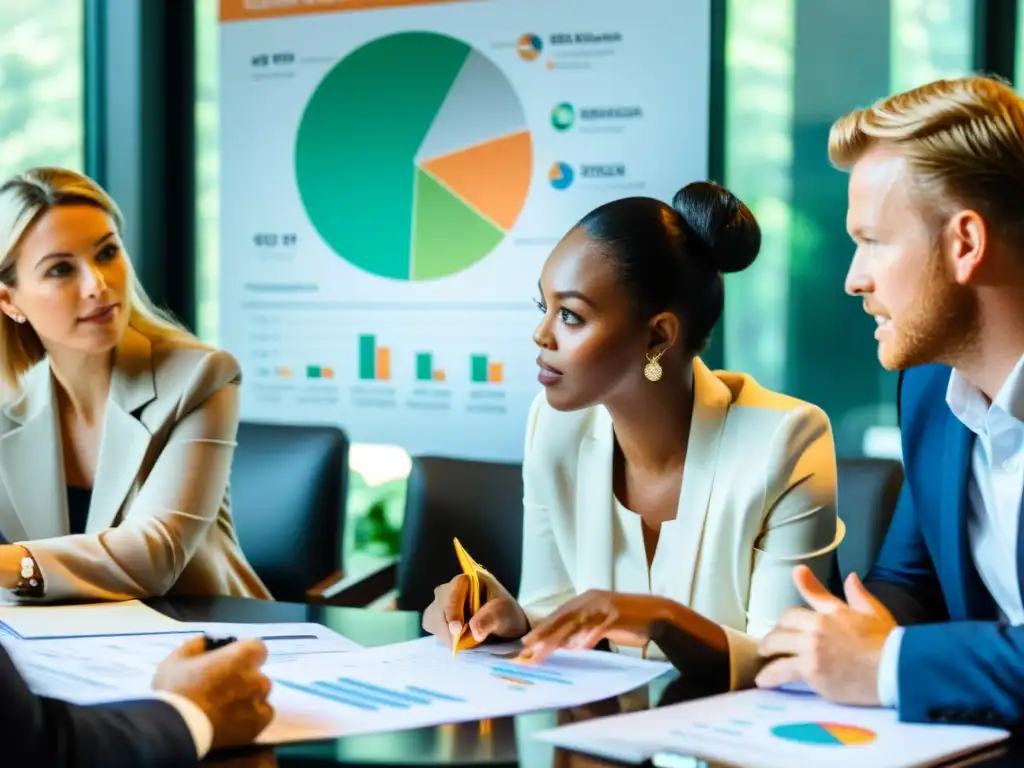 Un grupo diverso de personas discute estrategias de inversión sostenible alrededor de una mesa, con gráficos y reportes financieros