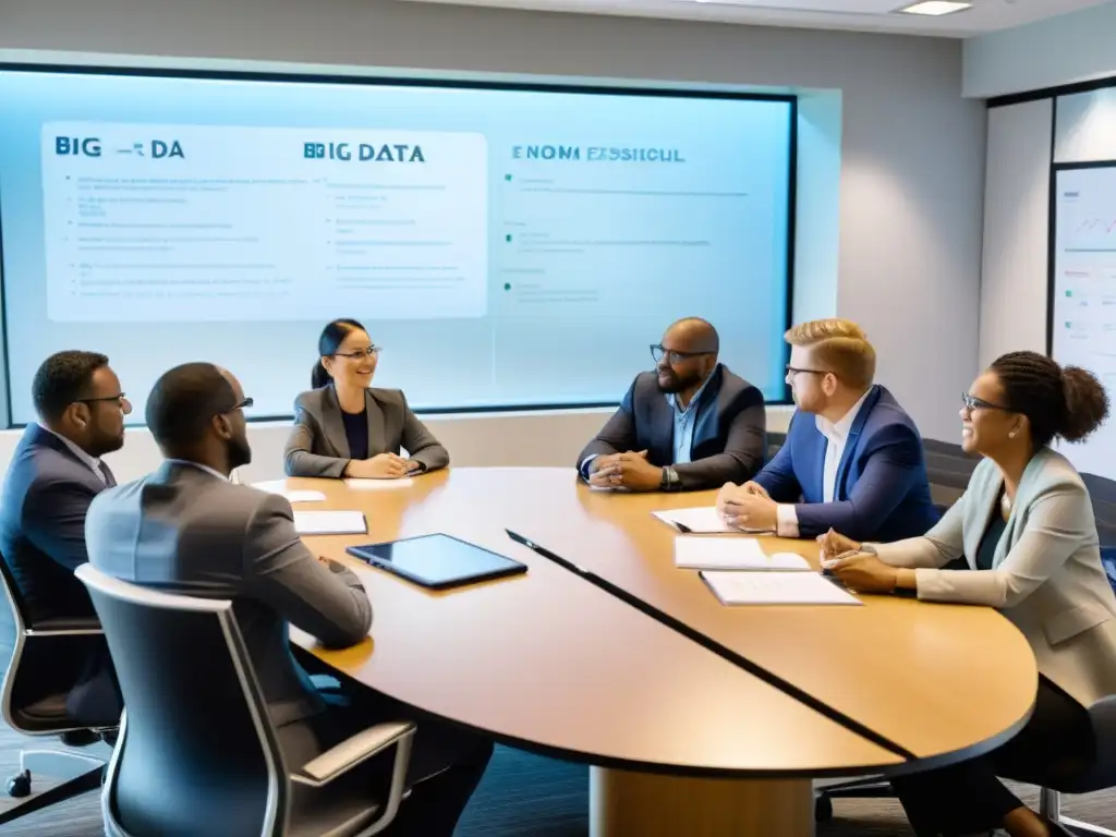 Un grupo diverso de personas discute apasionadamente la ética en el uso del Big Data en una sala moderna y luminosa