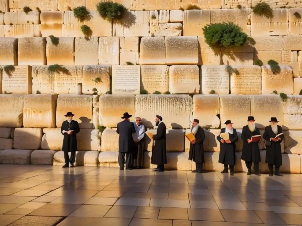 Un grupo diverso de personas estudia frente al Muro Occidental al atardecer, con libros y pergaminos en mano, descubriendo la Kabbalah en Israel