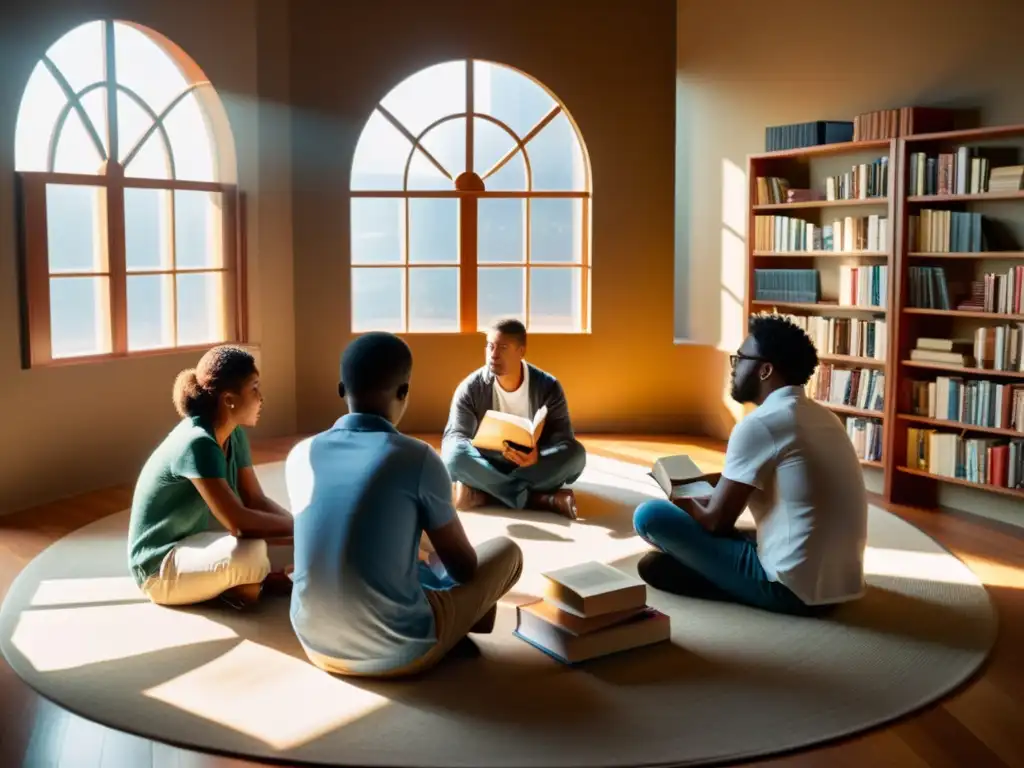 Un grupo diverso de personas se reúne en una habitación llena de libros y arte, sosteniendo libros filosóficos