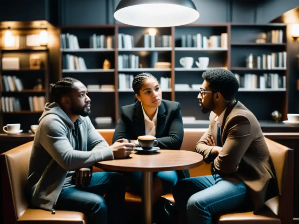Un grupo diverso de personas inmersas en una profunda discusión filosófica en un acogedor café