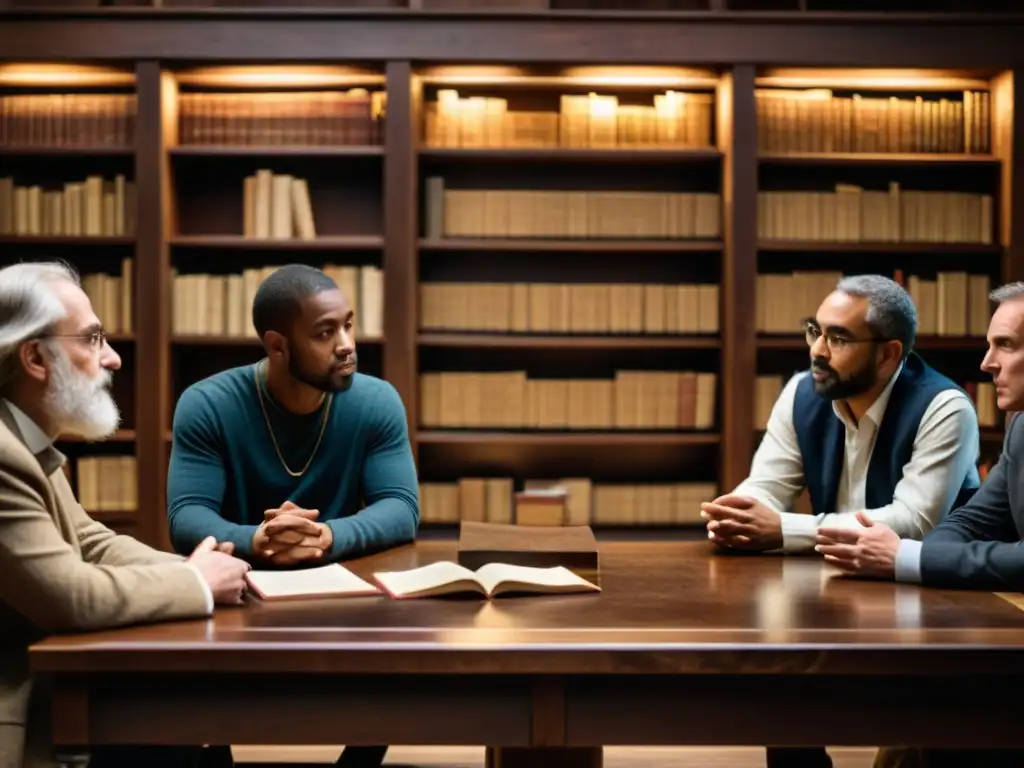 Un grupo diverso de personas inmersas en un intenso debate filosófico en una habitación atmosférica con libros antiguos