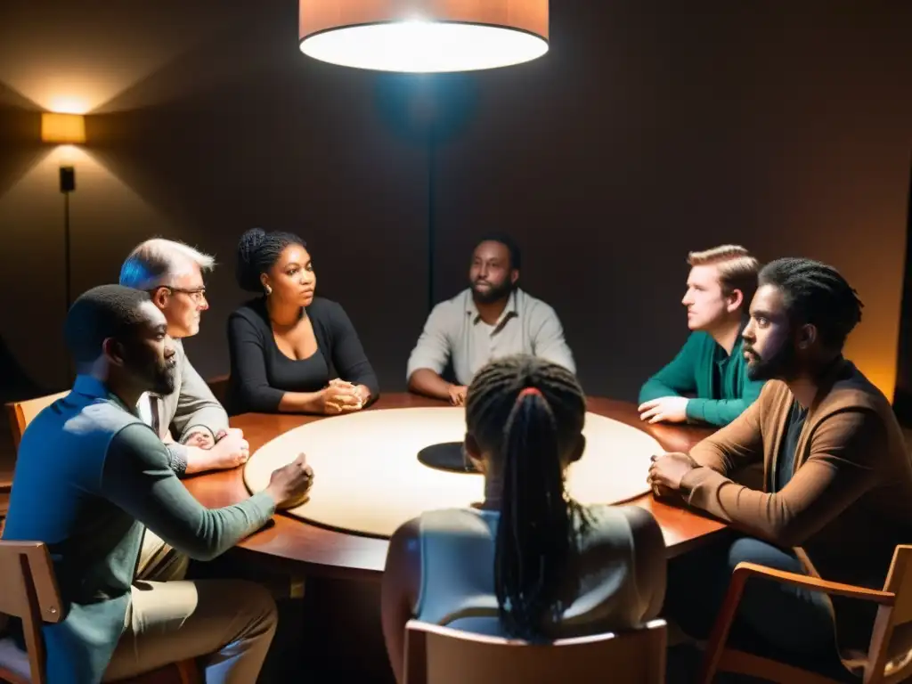 Un grupo diverso de personas juega un intenso juego de rol filosófico en una habitación con iluminación tenue