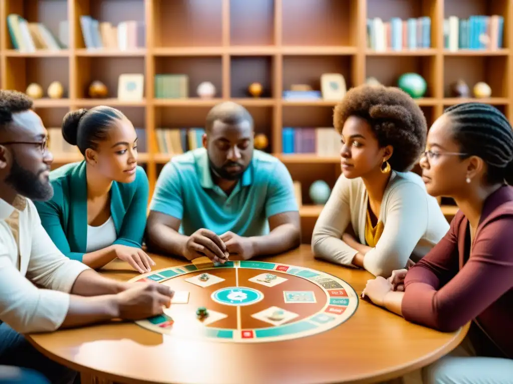 Un grupo diverso de personas juega un juego de mesa con símbolos culturales y conceptos filosóficos