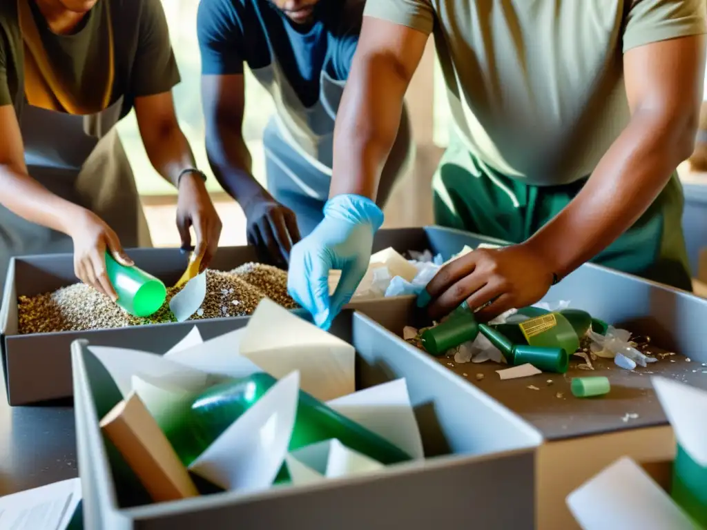 Un grupo diverso de personas trabaja juntas en una planta de reciclaje, mostrando determinación y cooperación mientras separan materiales