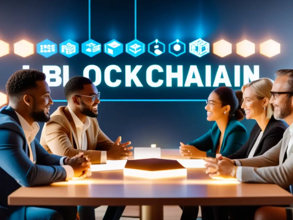 Un grupo diverso de personas se reúne alrededor de una mesa, inmersos en una animada discusión sobre tecnología blockchain y autonomía digital