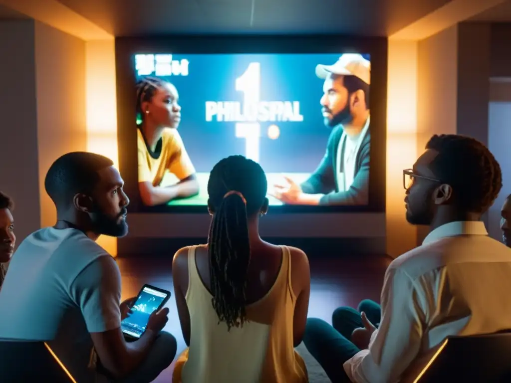 Un grupo diverso de personas se reúne alrededor de una pantalla grande, absortos en un videojuego con temáticas filosóficas