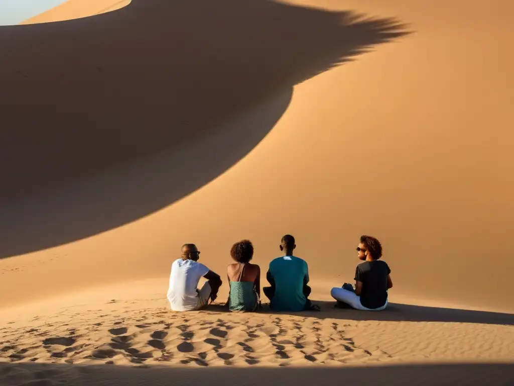 Un grupo diverso de personas tiene una profunda discusión filosófica bajo la sombra de una palmera en el desierto dorado de Oriente Medio