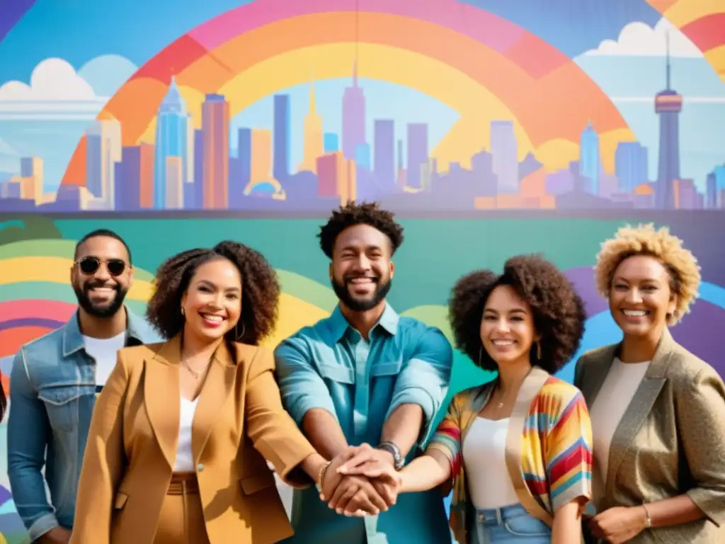 Grupo diverso de personas unidas frente a mural colorido que celebra la diversidad y aceptación, evocando utopías queer