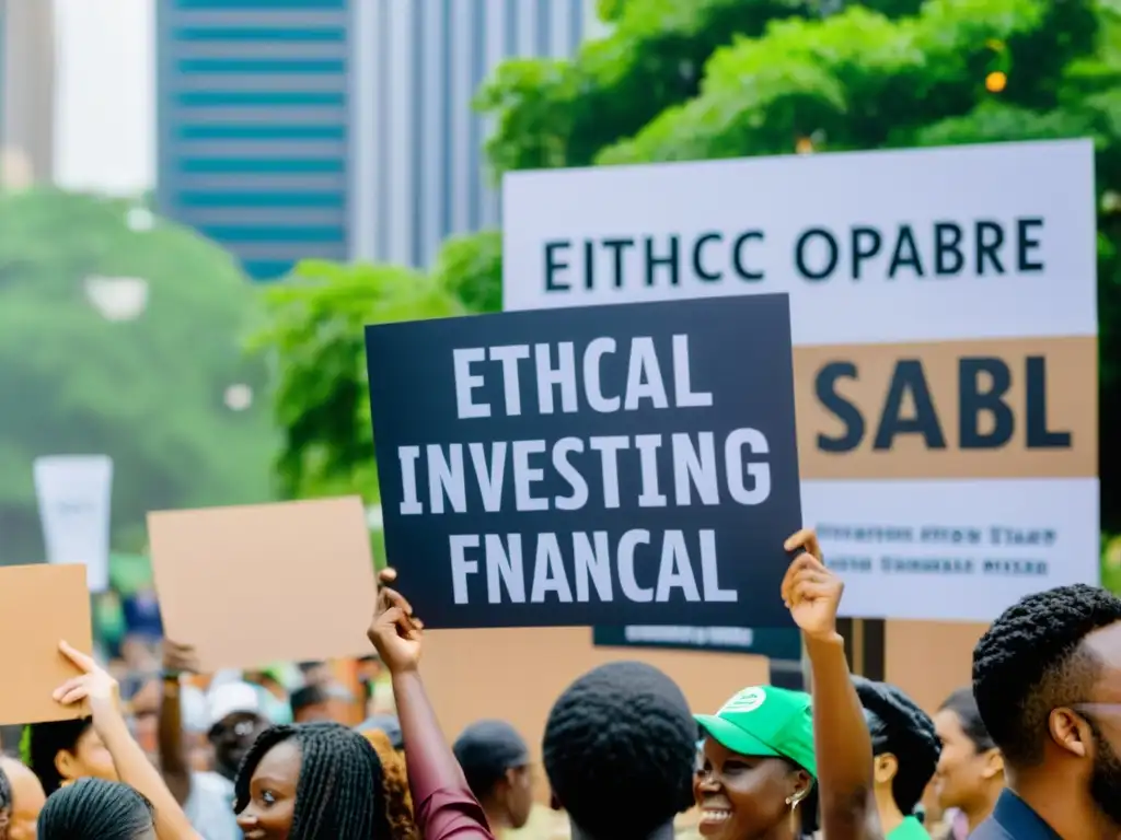 Un grupo diverso se reúne en una plaza de la ciudad, sosteniendo pancartas por la demanda creciente de fondos éticos
