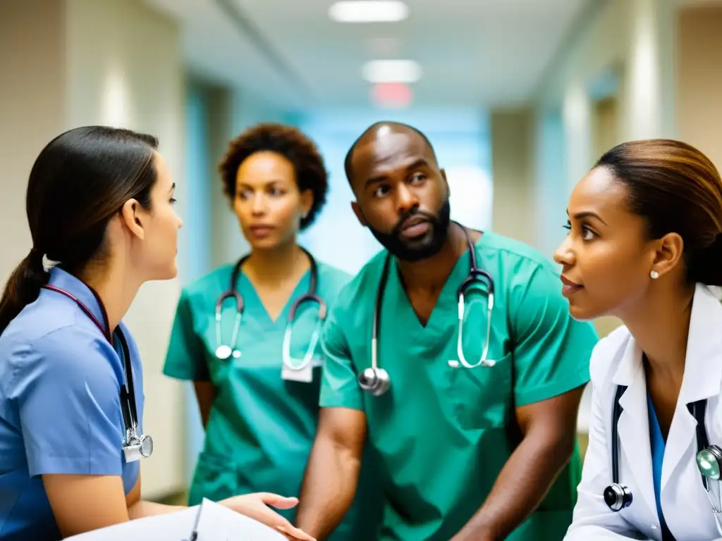 Un grupo diverso de profesionales médicos discute con intensidad ética en la toma de decisiones médicas en un entorno hospitalario