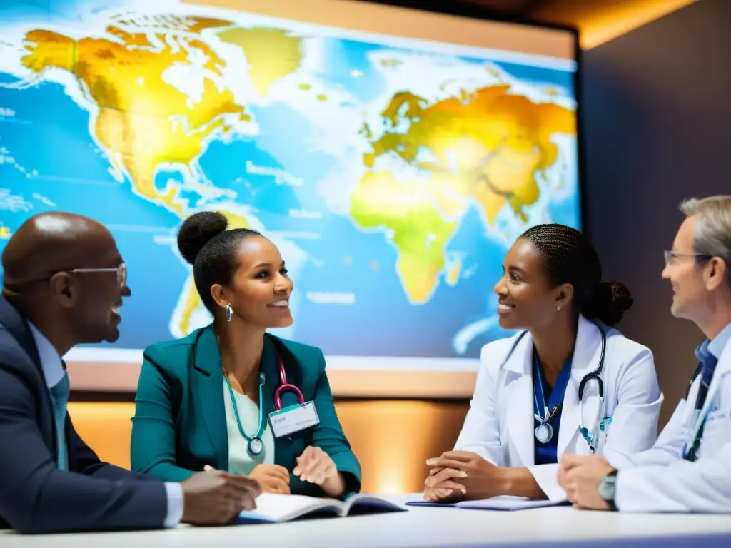 Un grupo diverso de profesionales médicos en una intensa discusión en una conferencia mundial de salud